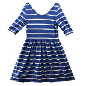Hanna Andersson Dress Womens M Blue White Striped Scoop Neck Flare 1/2 Sleeve